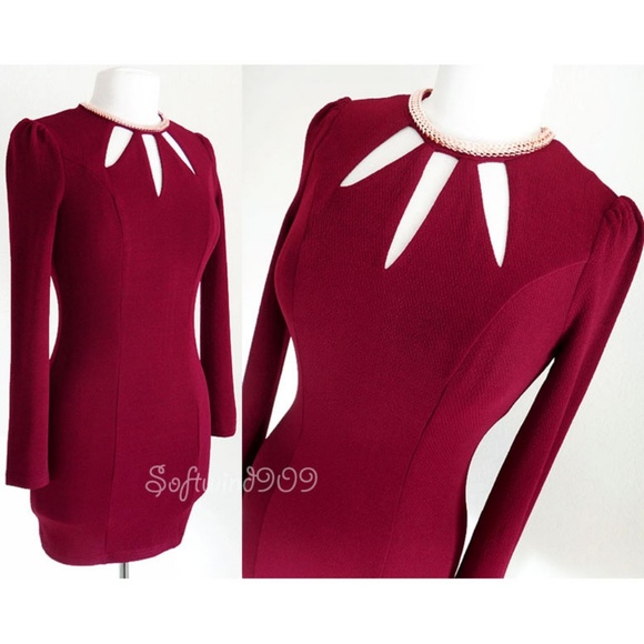 CALS Dresses & Skirts - Burgundy Gold Chain High Neck Cutout Bodycon Dress